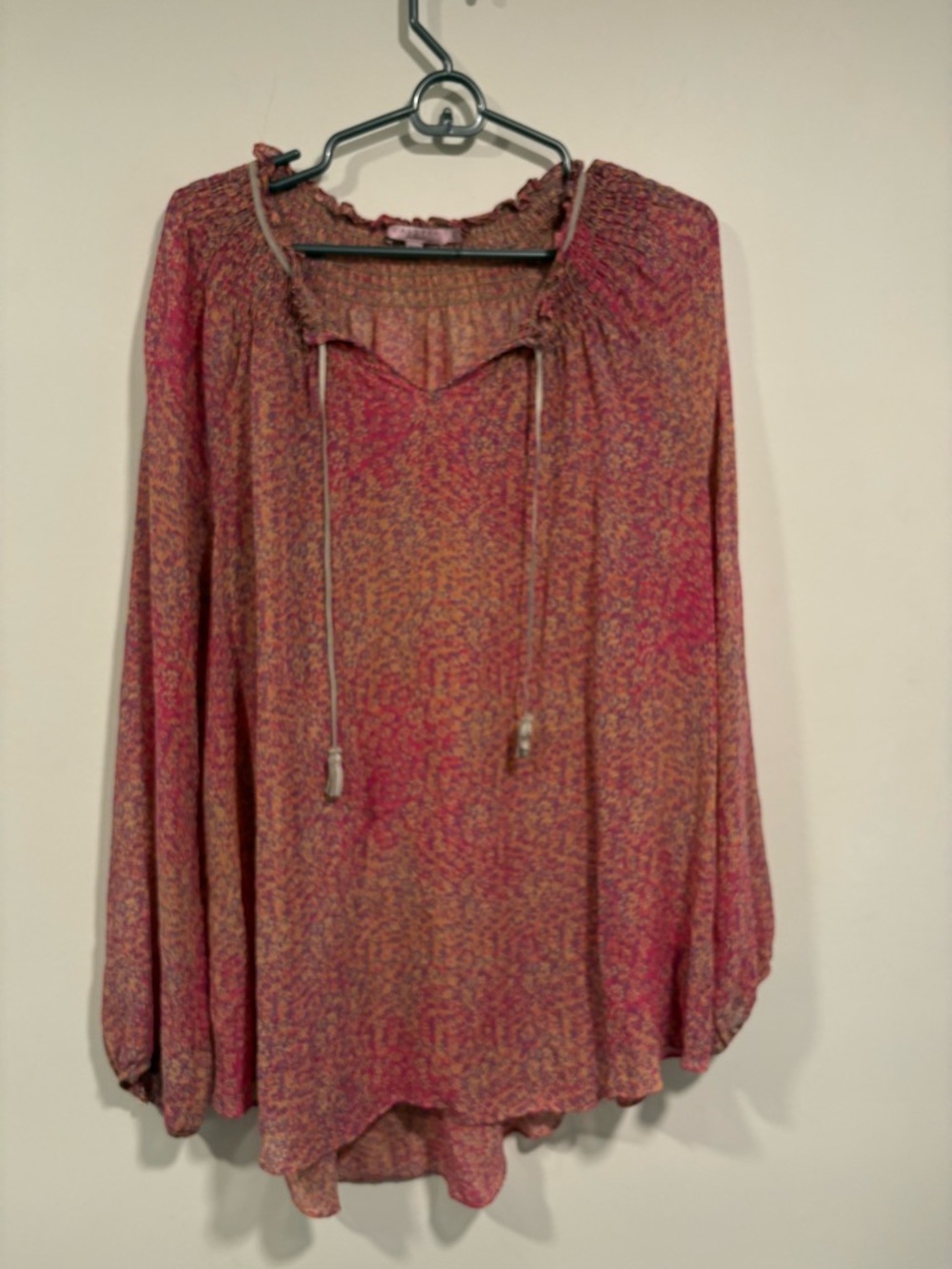 Calypso St. Barth Pink and Orange Speckled Tie-Neck Peasant Blouse